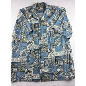 Hilo Hattie Mens 2XL Hawaiian Shirt Blue Floral Palm Tree Canoe Aloha